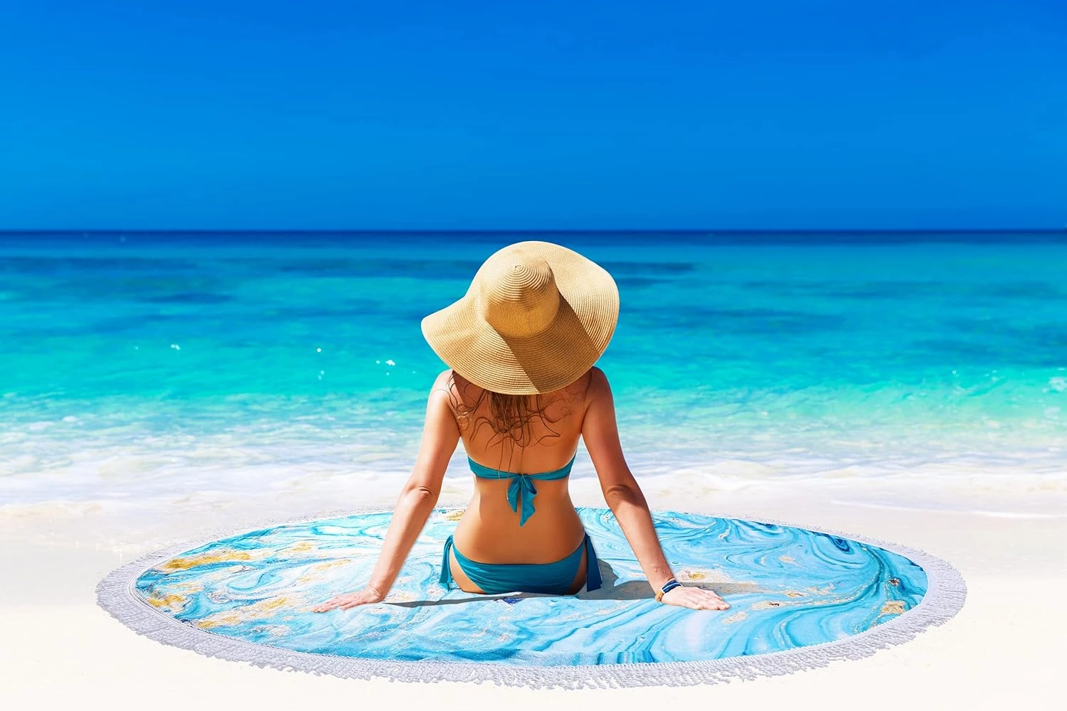 Benefeet Sox Round Beach Towel Blue Microfiber Bohemian Boho Round Beach Blanket Oversized Sand Proof Absorbent Circle Swim Towels with Tassels Gifts for Women, 59 Inches Blue Marbled Liquid Sand