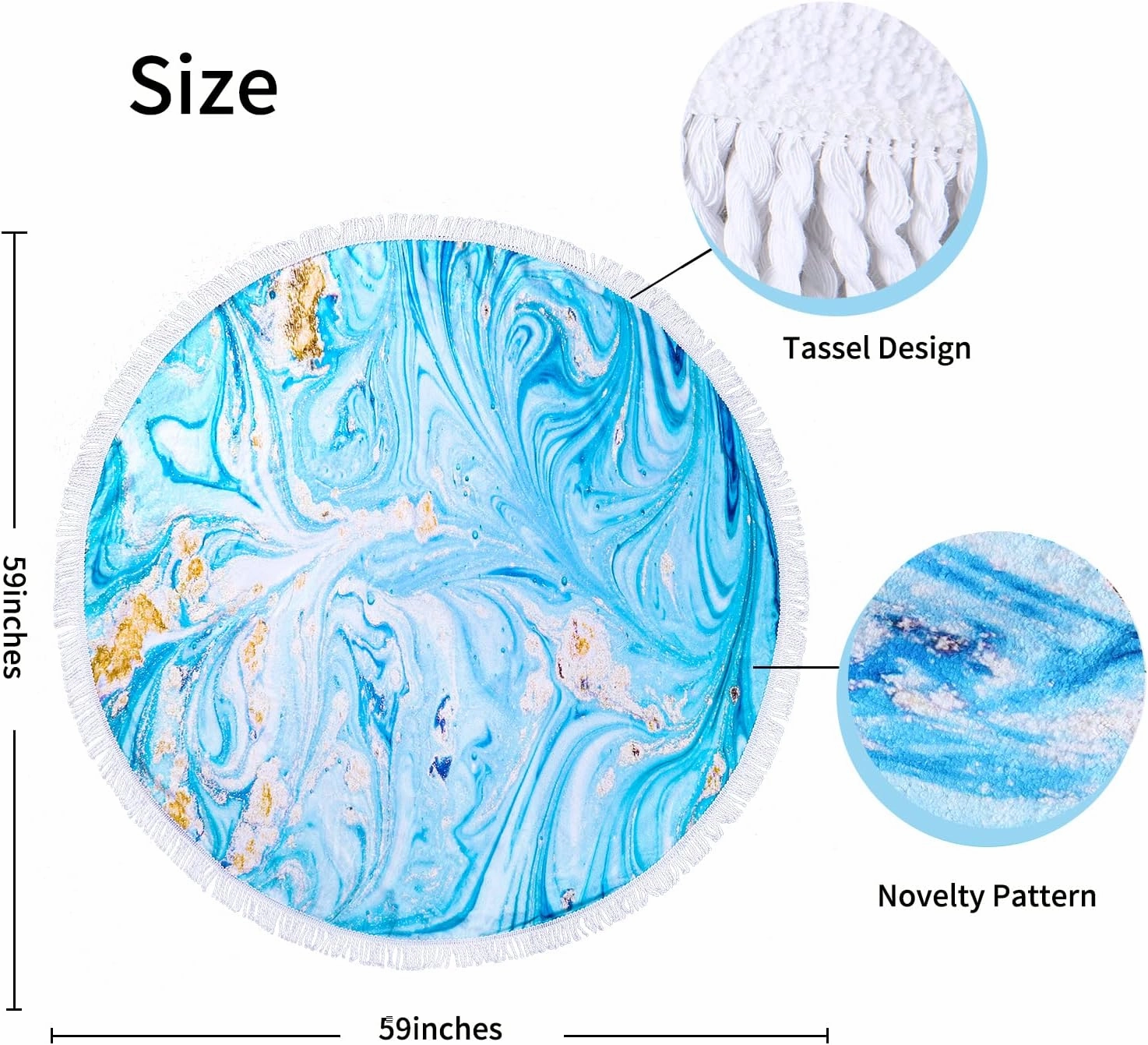 Benefeet Sox Round Beach Towel Blue Microfiber Bohemian Boho Round Beach Blanket Oversized Sand Proof Absorbent Circle Swim Towels with Tassels Gifts for Women, 59 Inches Blue Marbled Liquid Sand