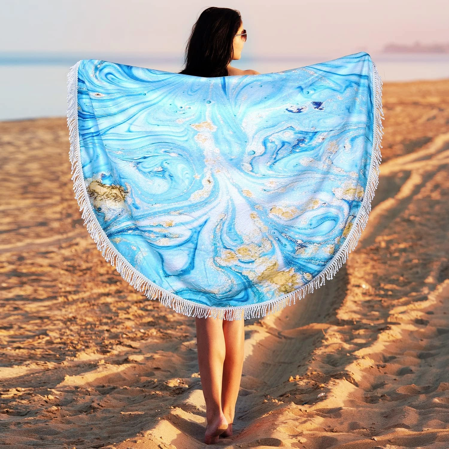 Benefeet Sox Round Beach Towel Blue Microfiber Bohemian Boho Round Beach Blanket Oversized Sand Proof Absorbent Circle Swim Towels with Tassels Gifts for Women, 59 Inches Blue Marbled Liquid Sand