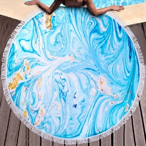 Benefeet Sox Round Beach Towel Blue Microfiber Bohemian Boho Round Beach Blanket Oversized Sand Proof Absorbent Circle Swim Towels with Tassels Gifts for Women, 59 Inches Blue Marbled Liquid Sand