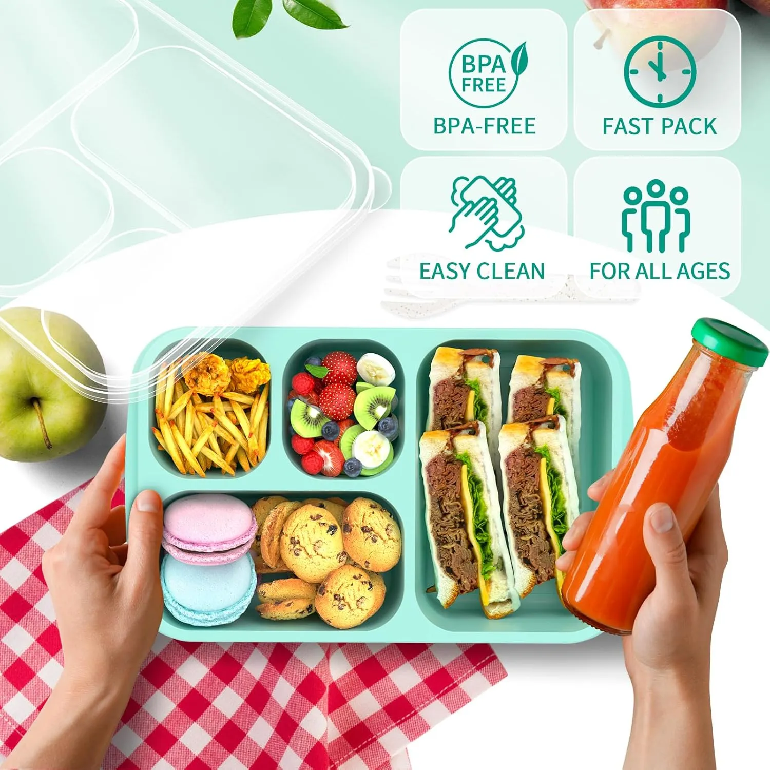 Bento Lunch Box - 4 Pack, 4-Compartment Meal Prep Containers, Adult Bento Box, Microwave & Dishwasher Safe (PP(Blue))