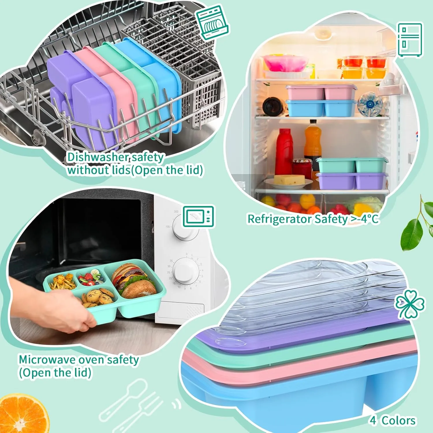 Bento Lunch Box - 4 Pack, 4-Compartment Meal Prep Containers, Adult Bento Box, Microwave & Dishwasher Safe (PP(Blue))