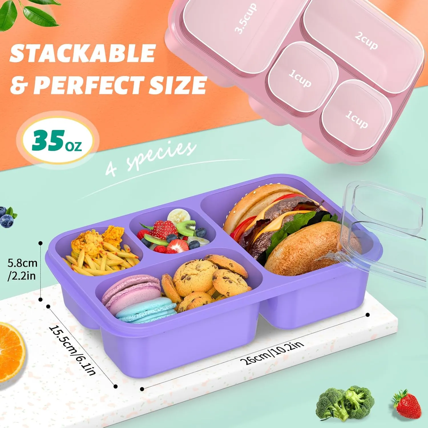 Bento Lunch Box - 4 Pack, 4-Compartment Meal Prep Containers, Adult Bento Box, Microwave & Dishwasher Safe (PP(Blue))