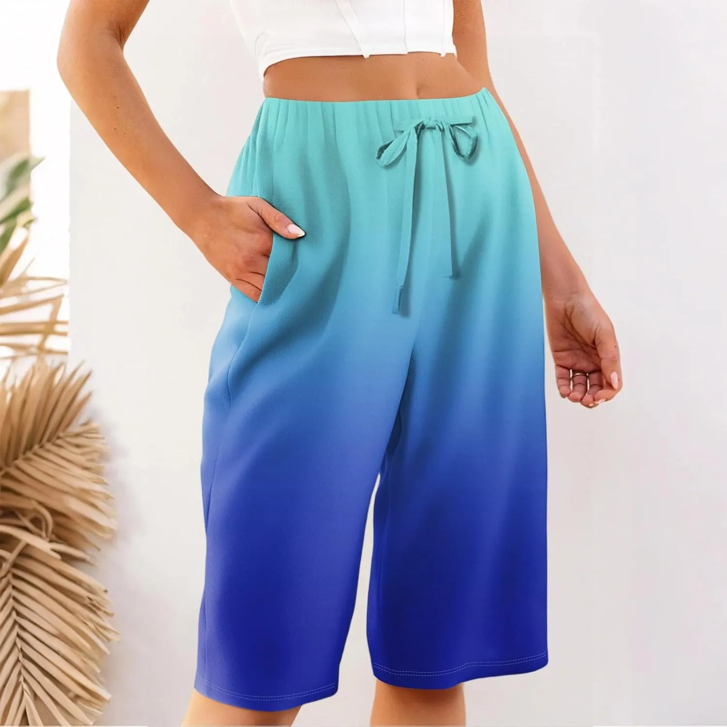 Bermuda Shorts for Women Linen Knee Length Elastic High Rise Drawstring 2025 Summer Casual Short with Pockets