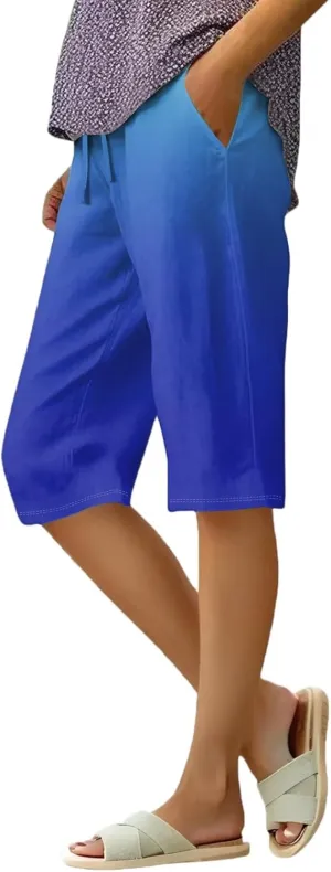 Bermuda Shorts for Women Linen Knee Length Elastic High Rise Drawstring 2025 Summer Casual Short with Pockets
