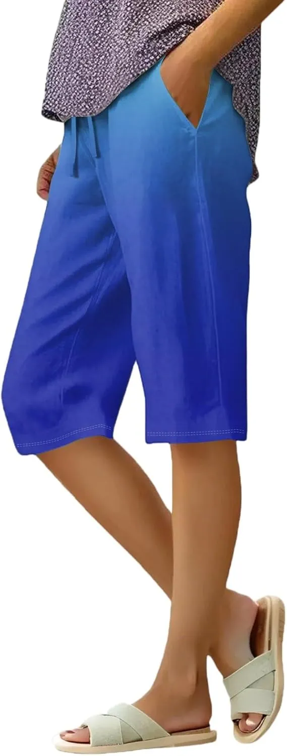 Bermuda Shorts for Women Linen Knee Length Elastic High Rise Drawstring 2025 Summer Casual Short with Pockets