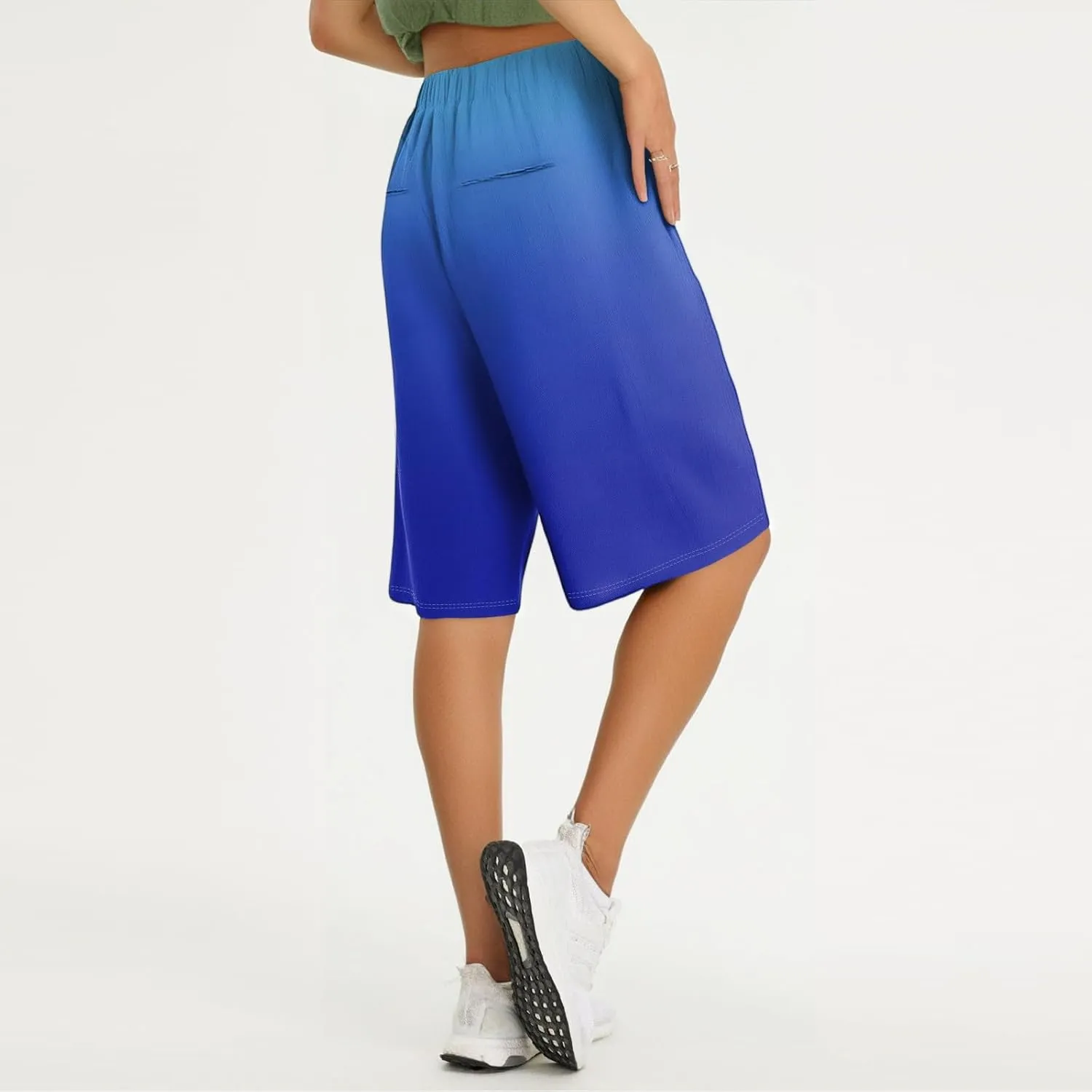 Bermuda Shorts for Women Linen Knee Length Elastic High Rise Drawstring 2025 Summer Casual Short with Pockets