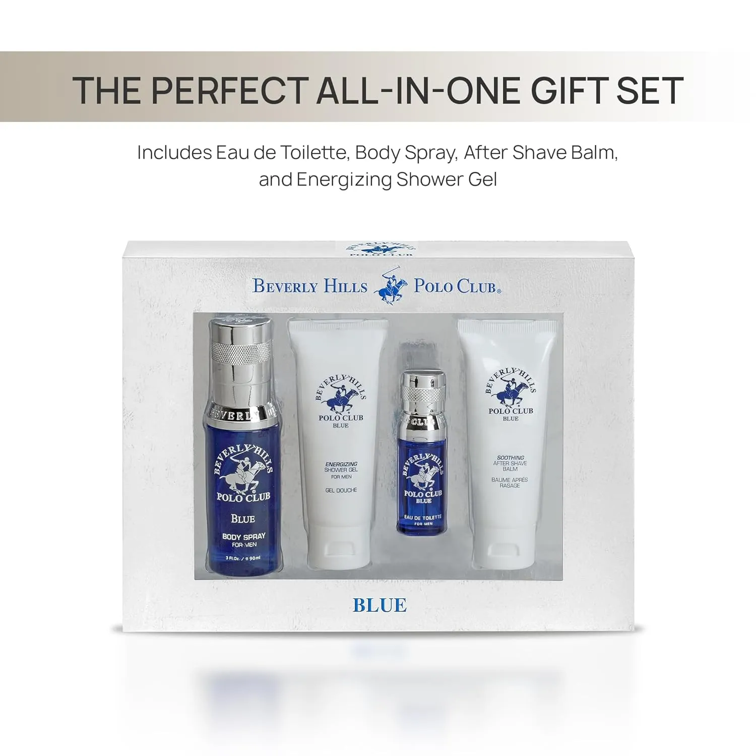 Beverly Hills Polo Club BHPC 4 Piece Economy Gift Set, with Eau De Toilette, Body Spray, After Shave & Shower Gel (Blue)