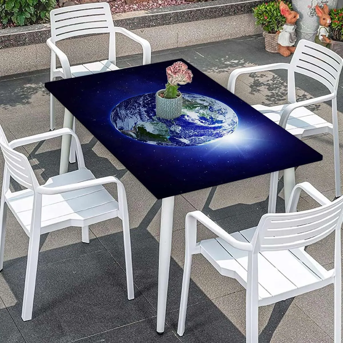 Black Blue Tablecloth Fitted Rectangle Stars and Astronaut Galaxy Outer Space for Indoor 0utdoor Dinning Patio Table Earth Fits up 5 Foot Tables
