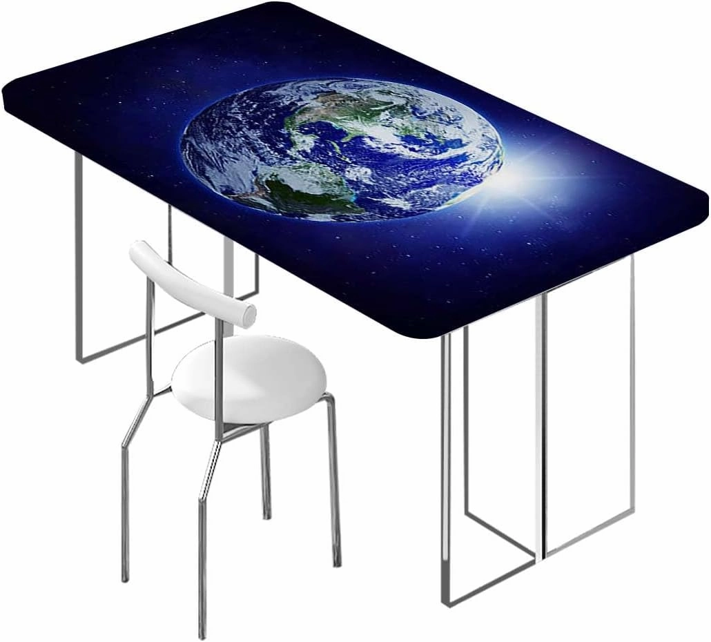 Black Blue Elastic Edge Fitted Tablecloth, Stars and Astronaut Galaxy Outer Space Washable Spill Proof Table Covers Earth Fits up 4 Foot Tables