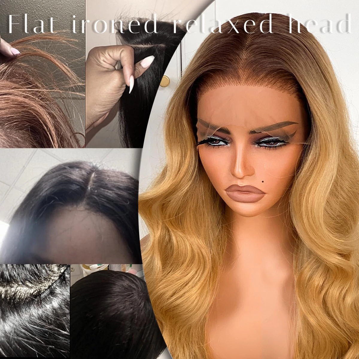 BlackSwern T1B/27 Ombre Honey Blonde 13x6 Synthetic Lace Front Wig,HD 13x6 Lace Frontal Wig Brown To Honey Blonde Pre-Plucked,26inch Body Wave Wigs 200 Density,Pre-Plucked PLUS 1.5’’ Hairline