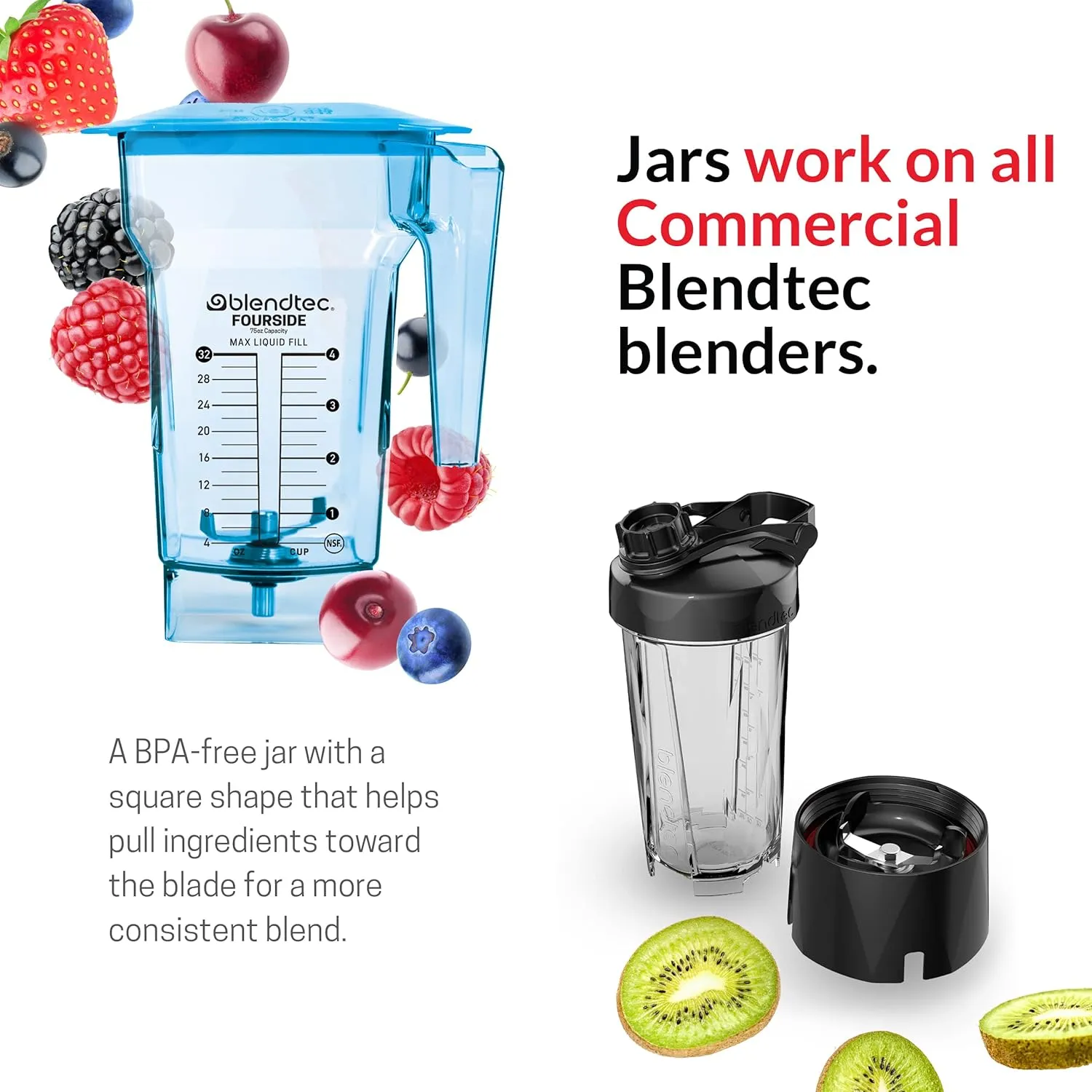 Blendtec 75 oz FourSide Commercial Jar - Four-Sided Replacement Blender Jar - Compatible with Most Blendtec Blenders - 32 oz Blending Capacity - Blue