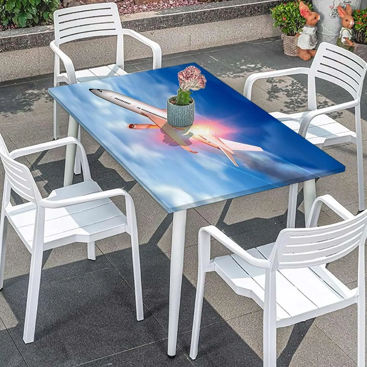 Blue Elastic Edge Fitted Table Cloth, Airplane Jet Planes Aviation Washable Spill Proof Table Covers Aerial Scenery Fits up 5 Foot Tables