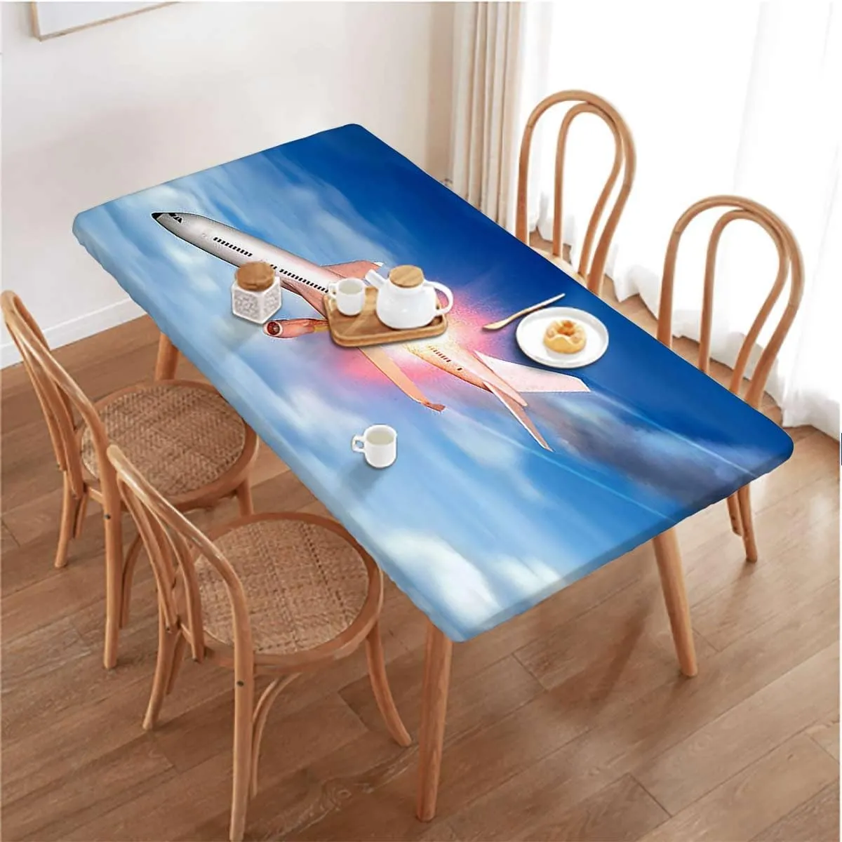 Blue Elastic Edge Fitted Table Cloth, Airplane Jet Planes Aviation Washable Spill Proof Table Covers Aerial Scenery Fits up 5 Foot Tables