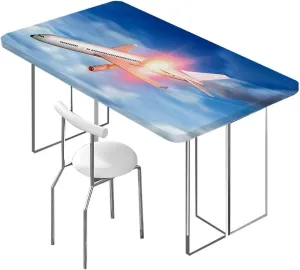 Blue Elastic Edge Fitted Table Cloth, Airplane Jet Planes Aviation Washable Spill Proof Table Covers Aerial Scenery Fits up 5 Foot Tables