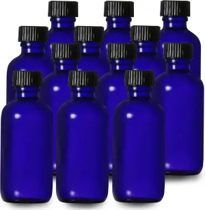 Blue Glass Empty Bottle - Round Boston Glass Bottles with Black Cap Refillable and Durable Bottles - Marvelous Glass Material - Affordable Price, Size of Each Bottle 1 Oz (Pack of 12)
