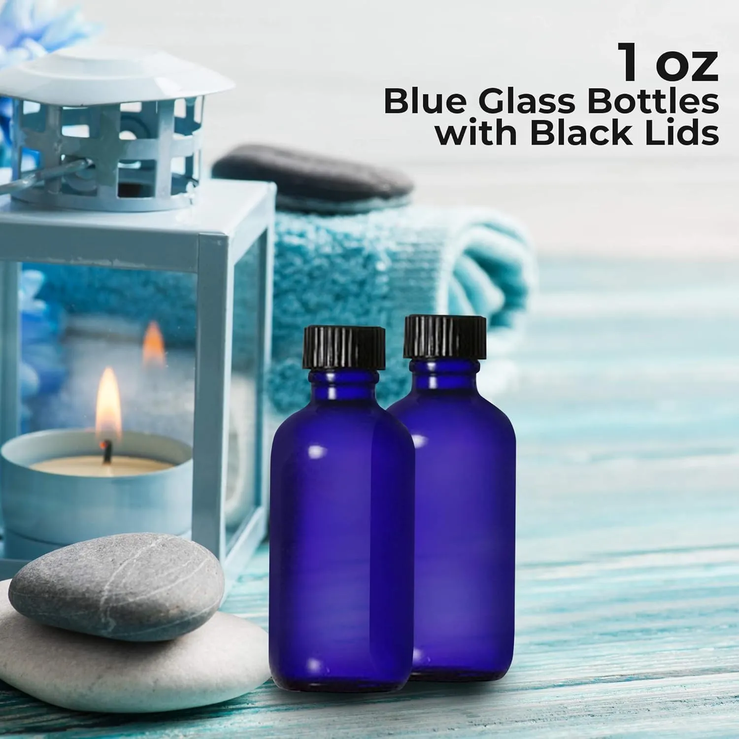 Blue Glass Empty Bottle - Round Boston Glass Bottles with Black Cap Refillable and Durable Bottles - Marvelous Glass Material - Affordable Price, Size of Each Bottle 1 Oz (Pack of 12)