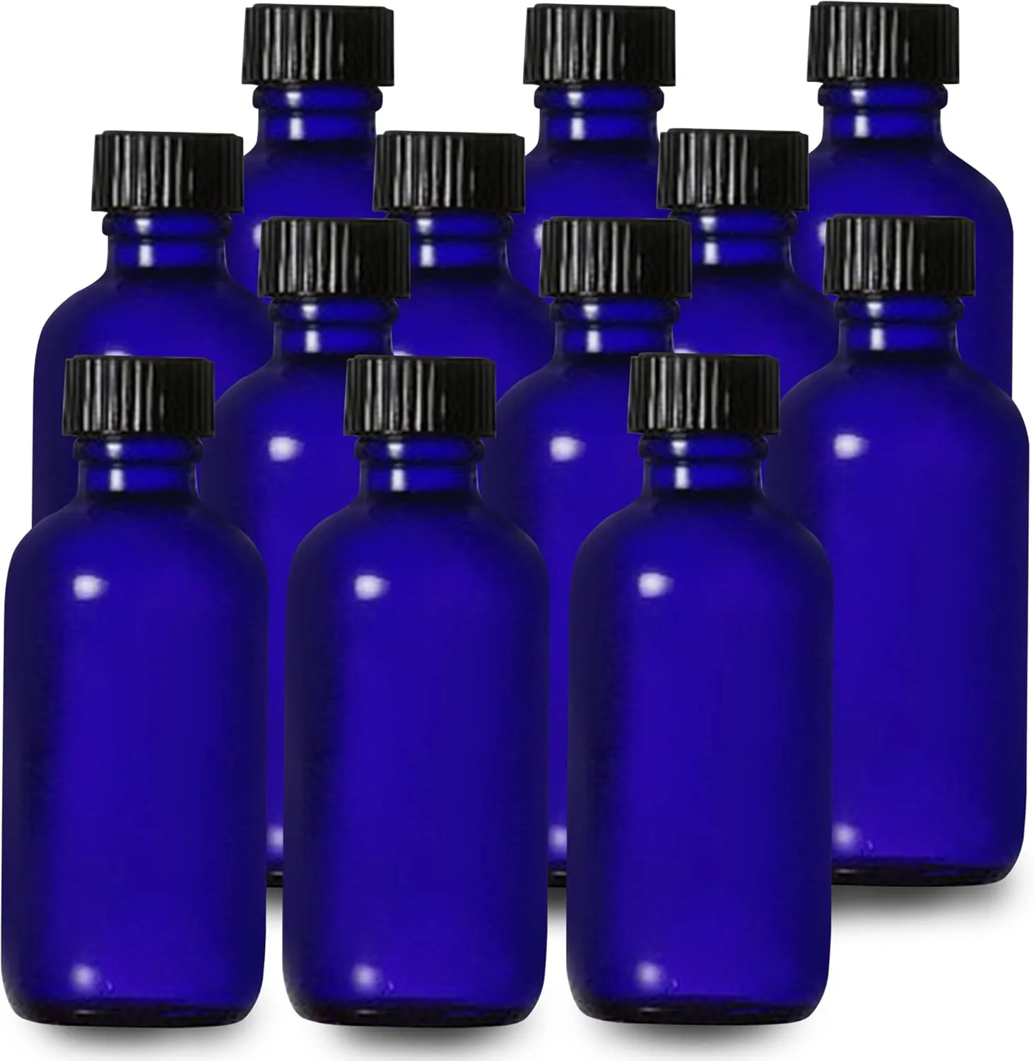 Blue Glass Empty Bottle - Round Boston Glass Bottles with Black Cap Refillable and Durable Bottles - Marvelous Glass Material - Affordable Price, Size of Each Bottle 1 Oz (Pack of 12)