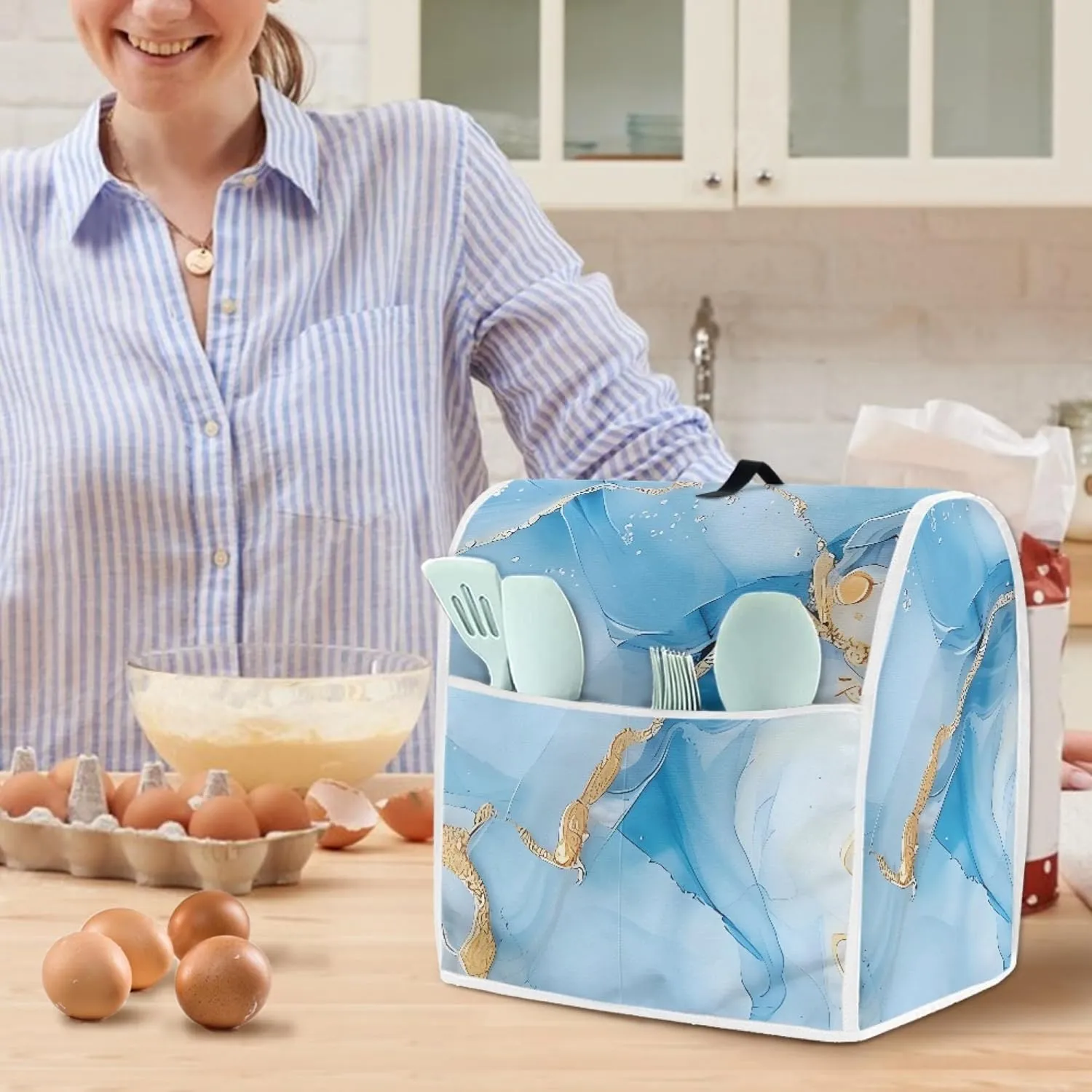 Blue Marble Print Stand Mixer Cover Home Kitchen Washable Appliance Cover, Kitchen Decorations Universal Dust Proof Mixers Protector with Top Handle and Pockets