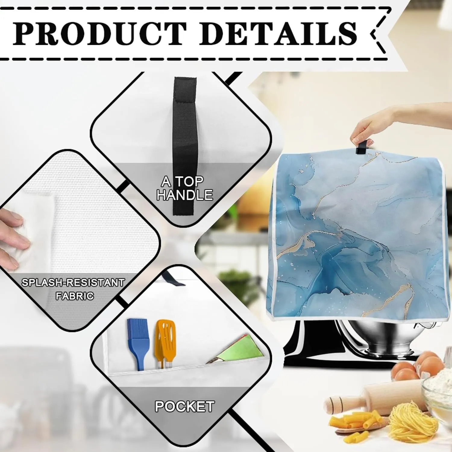 Blue Marble Print Stand Mixer Cover Home Kitchen Washable Appliance Cover, Kitchen Decorations Universal Dust Proof Mixers Protector with Top Handle and Pockets