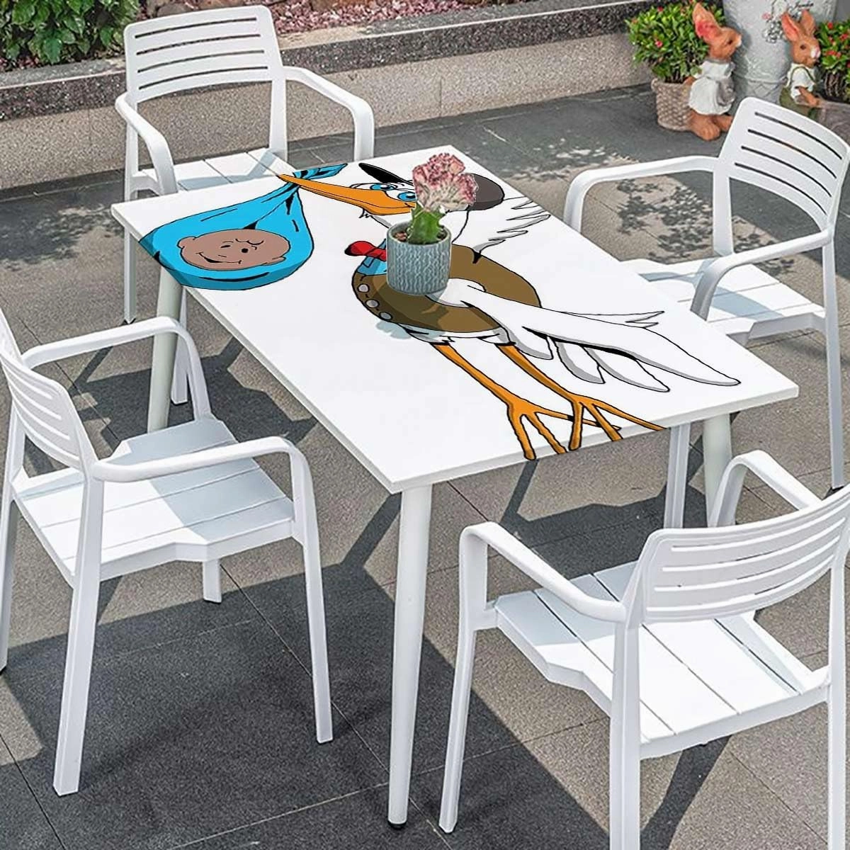 Blue and White Elastic Fitted Tablecloth Manga Cartoon Style Polyester Fitted Waterproof Outdoor Tablecloth Protector with Elastic Anime Fits up 5 Foot Tables