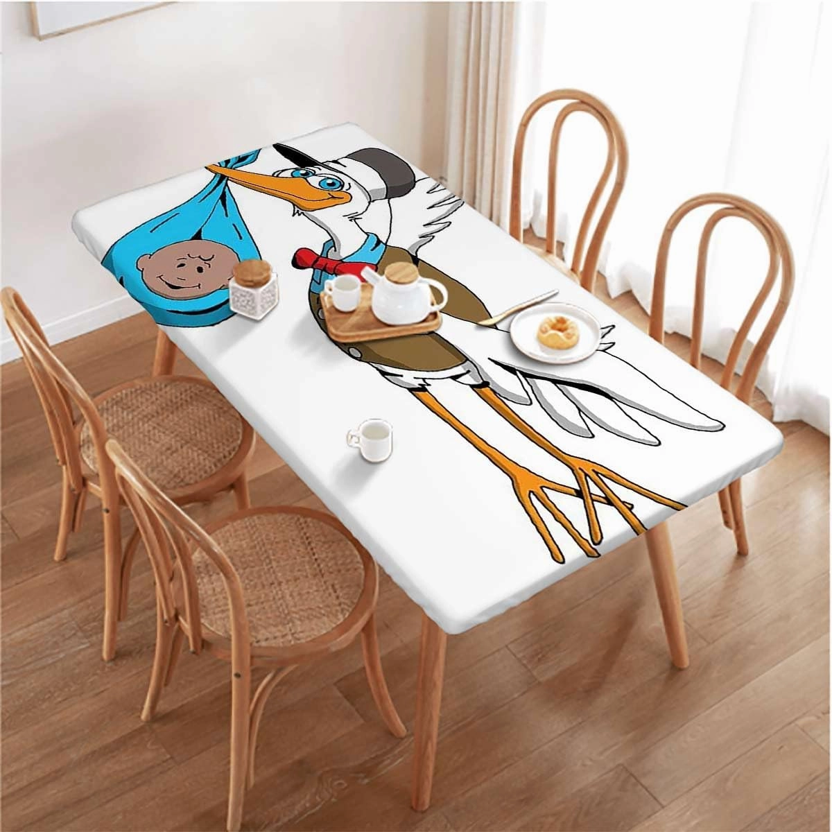 Blue and White Elastic Fitted Tablecloth Manga Cartoon Style Polyester Fitted Waterproof Outdoor Tablecloth Protector with Elastic Anime Fits up 5 Foot Tables