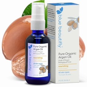 Blue Beautifly Pure USDA Certified Organic Argan Oil for Hair & Skin - Restores Skin Elasticity, Strengthens Hair Strands - Unrefined. Virgin. Cold Pressed - Full of Essential Fatty Acids - 2 fl oz