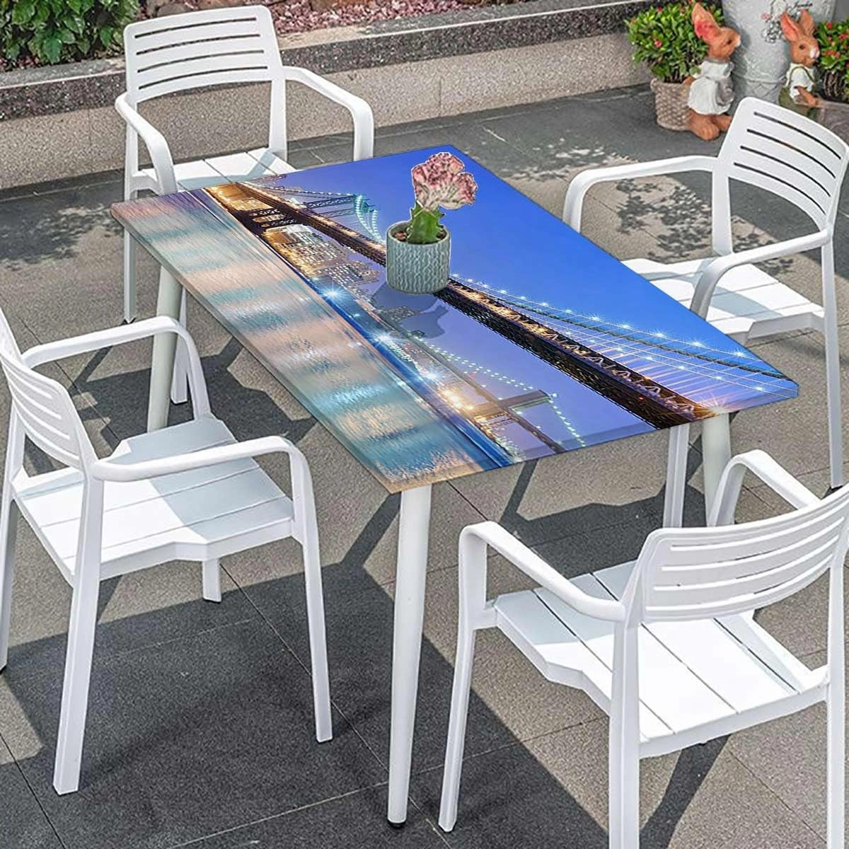 Blue Bright Gold Elastic Fitted Tablecloth Bridge Reflection on Sea Sundown Tablecloth Fitted Table Cloth Rectangle Table Apartment Fits up 4 Foot Tables