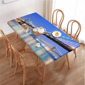 Blue Bright Gold Elastic Fitted Tablecloth Bridge Reflection on Sea Sundown Tablecloth Fitted Table Cloth Rectangle Table Apartment Fits up 4 Foot Tables