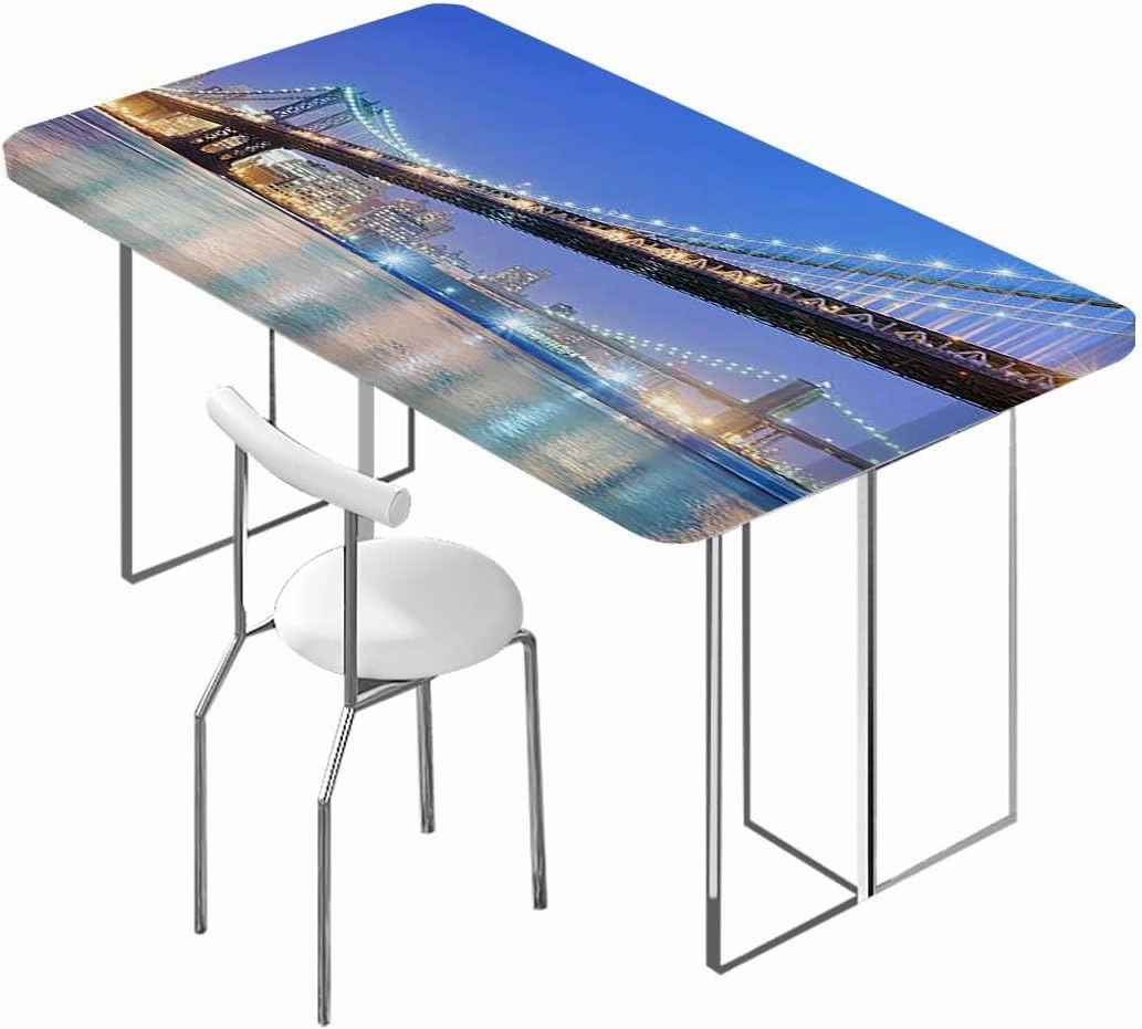 Blue Bright Gold Elastic Fitted Tablecloth Bridge Reflection on Sea Sundown Tablecloth Fitted Table Cloth Rectangle Table Apartment Fits up 4 Foot Tables