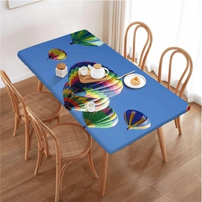 Blue Fitted Tablecloth for Rectangle Table Nostalgic Hot Air Balloons in Sky Flying Journey Waterproof Tablecloths for Picnic, Camping, Indoor, Outdoor Colorful Fits up 4 Foot Tables