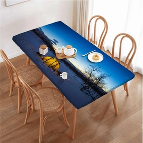 Blue Orange Tablecloth Elastic Edge Fitted Dark Night Camping Tent Lake Picnic Fitted Tablecloth Rectangle Table Cover Apartment Decor Fits up 4 Foot Tables