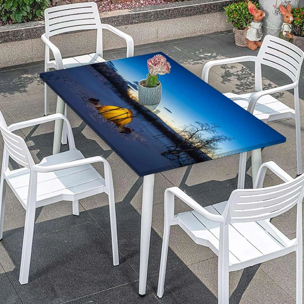 Blue Orange Tablecloth Elastic Edge Fitted Dark Night Camping Tent Lake Picnic Fitted Tablecloth Rectangle Table Cover Apartment Decor Fits up 4 Foot Tables