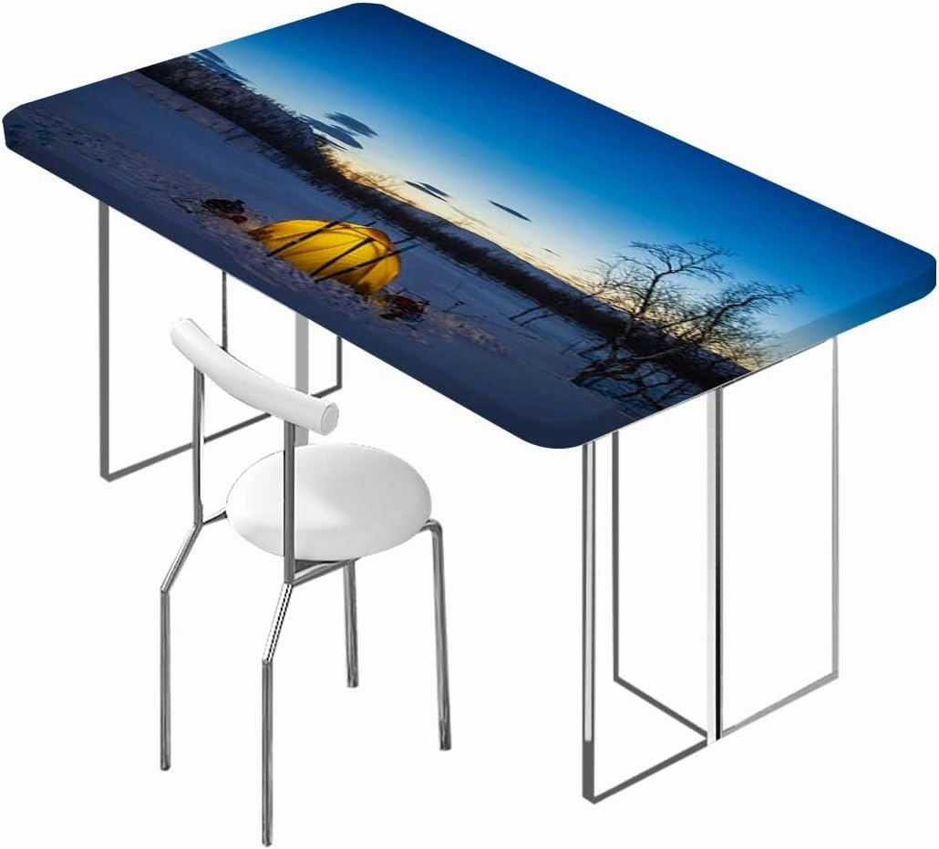 Blue Orange Tablecloth Elastic Edge Fitted Dark Night Camping Tent Lake Picnic Fitted Tablecloth Rectangle Table Cover Apartment Decor Fits up 4 Foot Tables