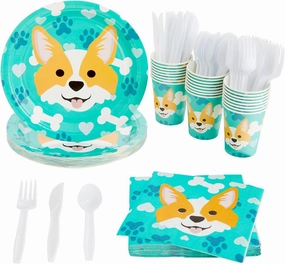 BLUE PANDA 144 Piece Corgi Party Supplies, Dog Birthday Decorations with Paper Plates, Napkins, Cups, and Cutlery (Serves 24) - Dog Plates