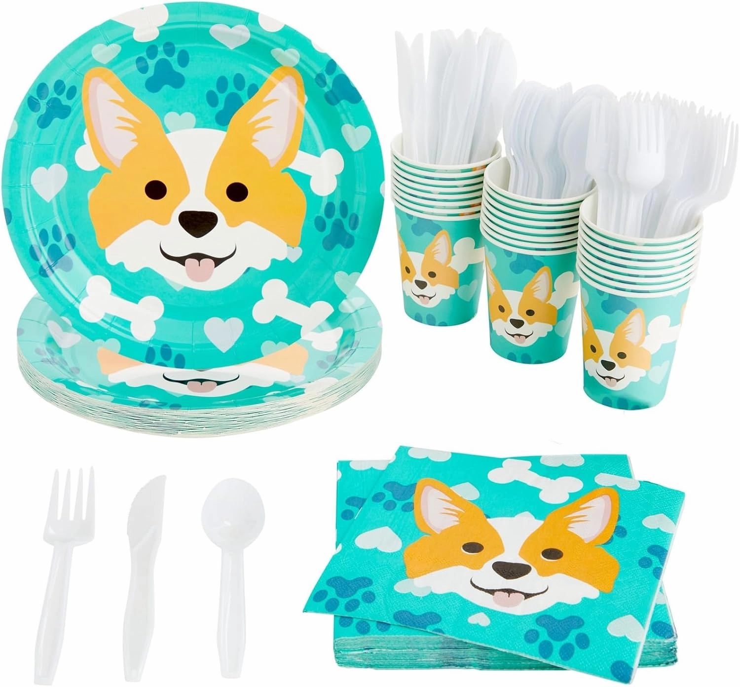 BLUE PANDA 144 Piece Corgi Party Supplies, Dog Birthday Decorations with Paper Plates, Napkins, Cups, and Cutlery (Serves 24) - Dog Plates