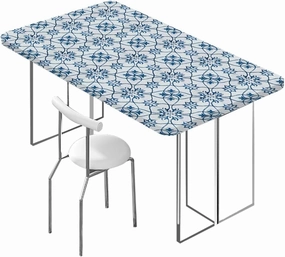 Blue Rectangle Elastic Fitted Tablecloth Flowers Vintage Bohemian Design Waterproof Spill-Easy to Wipe, Great for Picnic Party Outdoor Patio Antique Design Fits up 5 Foot Tables