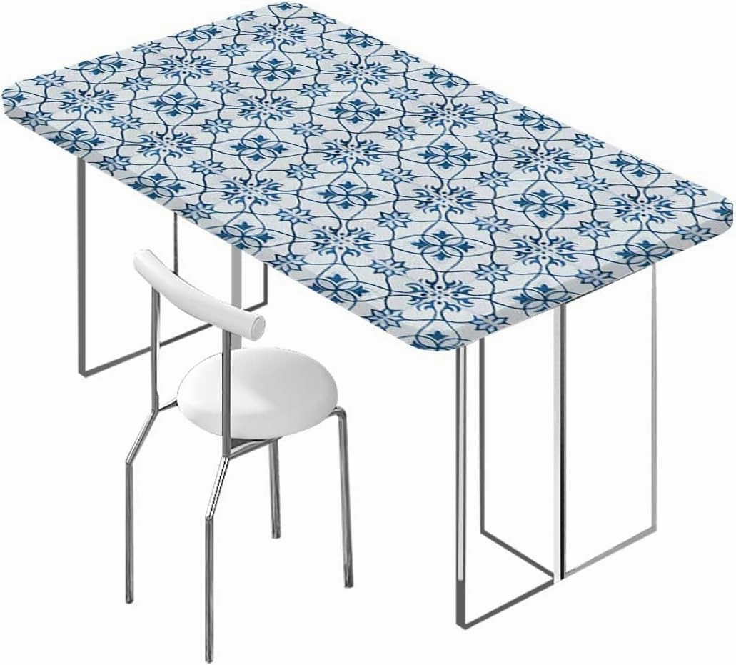 Blue Rectangle Elastic Fitted Tablecloth Flowers Vintage Bohemian Design Waterproof Spill-Easy to Wipe, Great for Picnic Party Outdoor Patio Antique Design Fits up 5 Foot Tables