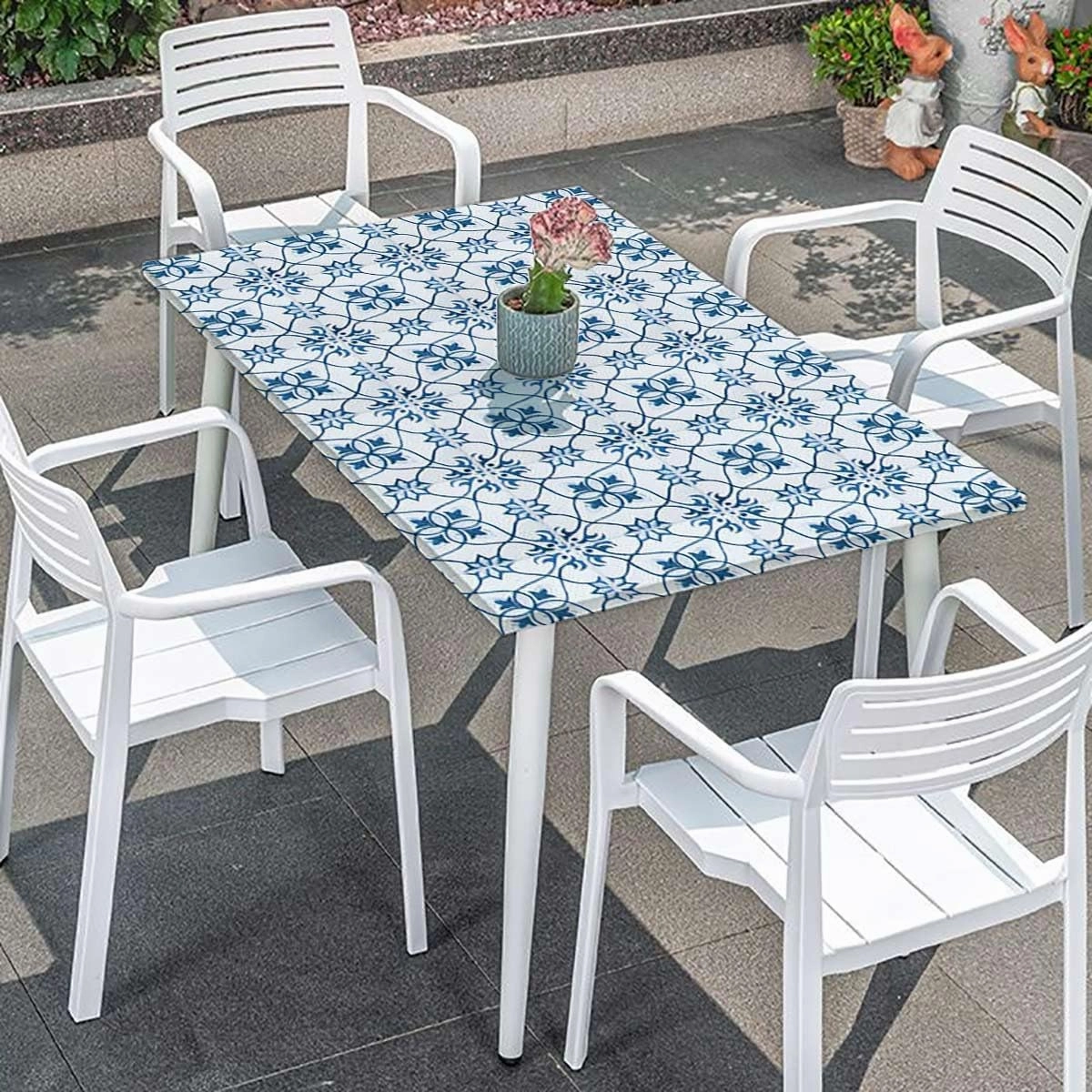Blue Rectangle Elastic Fitted Tablecloth Flowers Vintage Bohemian Design Waterproof Spill-Easy to Wipe, Great for Picnic Party Outdoor Patio Antique Design Fits up 5 Foot Tables