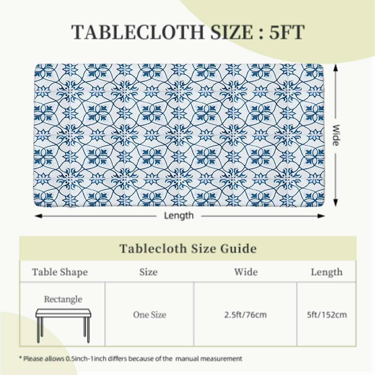 Blue Rectangle Elastic Fitted Tablecloth Flowers Vintage Bohemian Design Waterproof Spill-Easy to Wipe, Great for Picnic Party Outdoor Patio Antique Design Fits up 5 Foot Tables