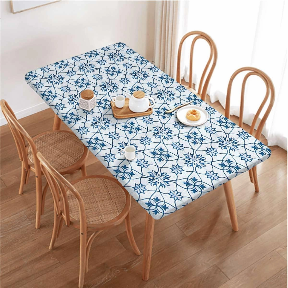 Blue Rectangle Elastic Fitted Tablecloth Flowers Vintage Bohemian Design Waterproof Spill-Easy to Wipe, Great for Picnic Party Outdoor Patio Antique Design Fits up 5 Foot Tables