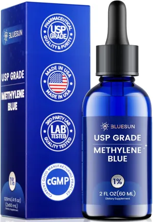 Bluesun Methylene Blue Supplement - Pharmaceutical Grade, 2 FL OZ, 1% USP Grade, Liquid Drops for Humans, Third-Party Tested, Formaldehyde-Free, Manufactured in The USA, Pack of 1