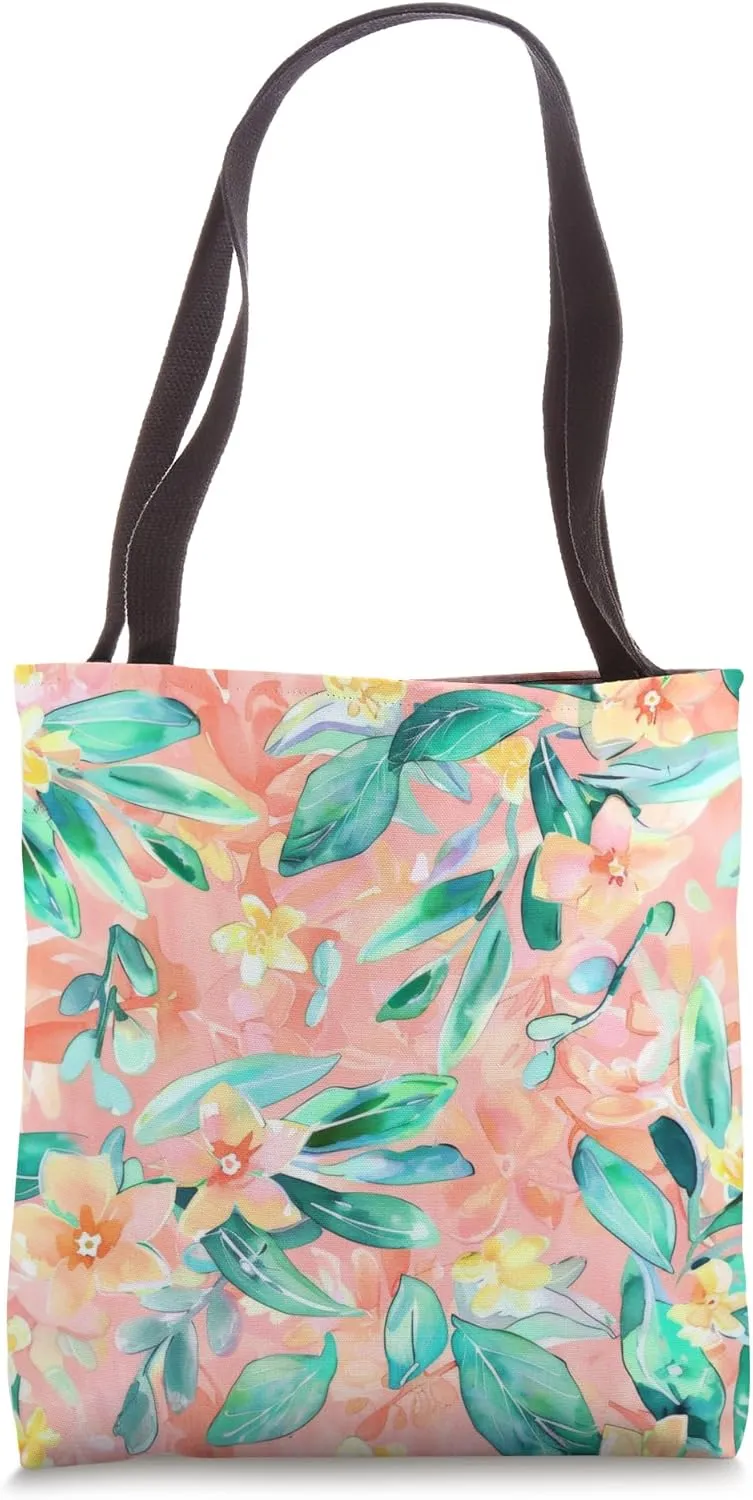 Blush Peach Pink Rose Floral Pattern Coral Mint Aqua Flower Tote Bag
