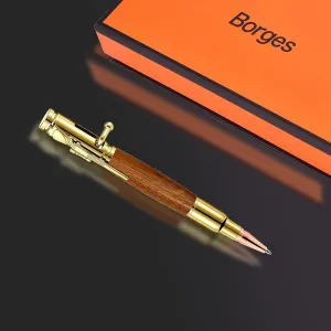 Borges Golden Pear Wood Ballpoint - Unisex Luxury Bolt-Action Pen with Golden Yellow & Purple Sheen, Safety-Enhanced, Ideal for Travel & Office Use。