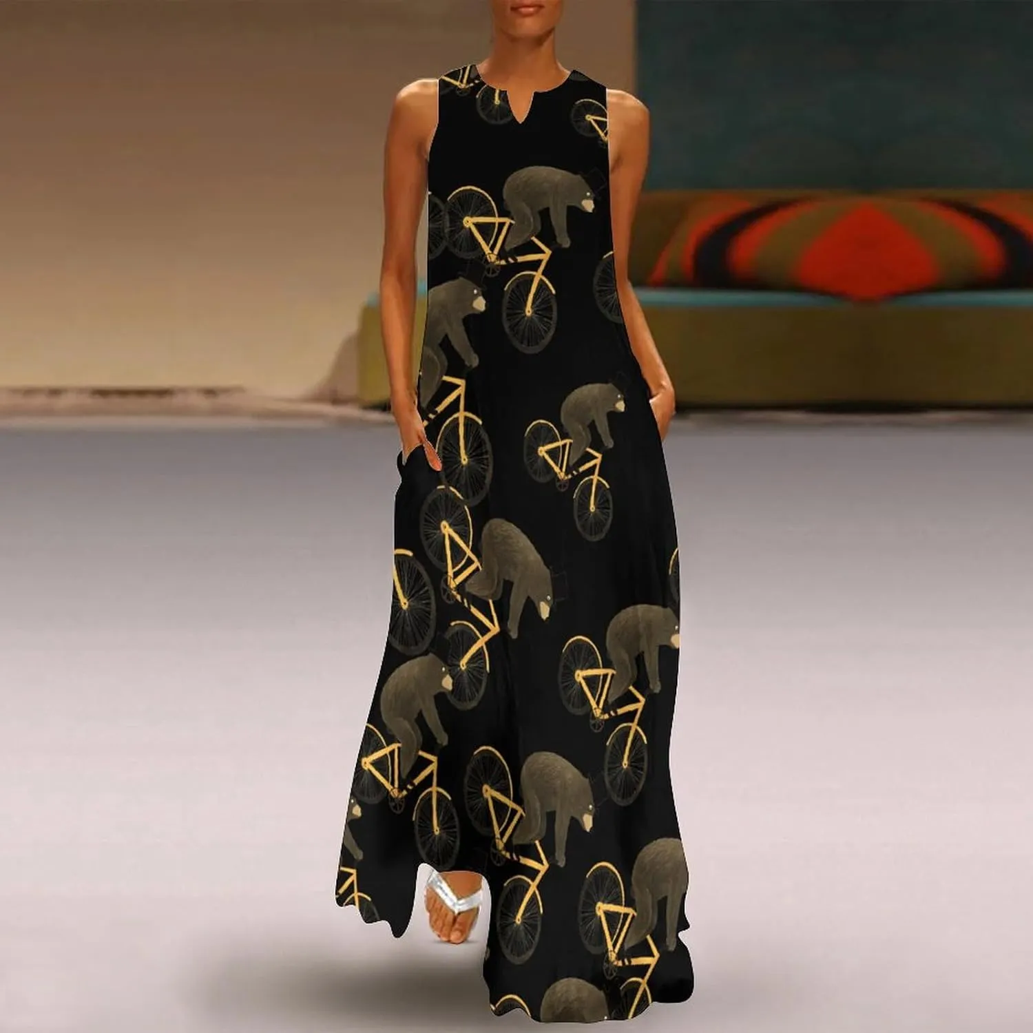 Brown Bear Rider Women's Summer Dresses Casual V Neck Sundress Sleeveless Maxi Dress with Pockets