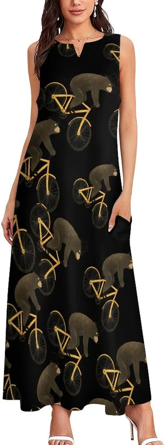 Brown Bear Rider Women's Summer Dresses Casual V Neck Sundress Sleeveless Maxi Dress with Pockets
