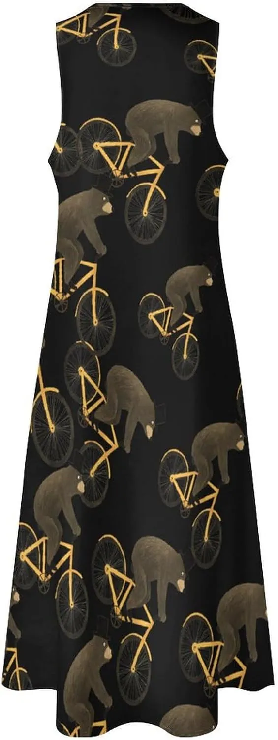 Brown Bear Rider Women's Summer Dresses Casual V Neck Sundress Sleeveless Maxi Dress with Pockets