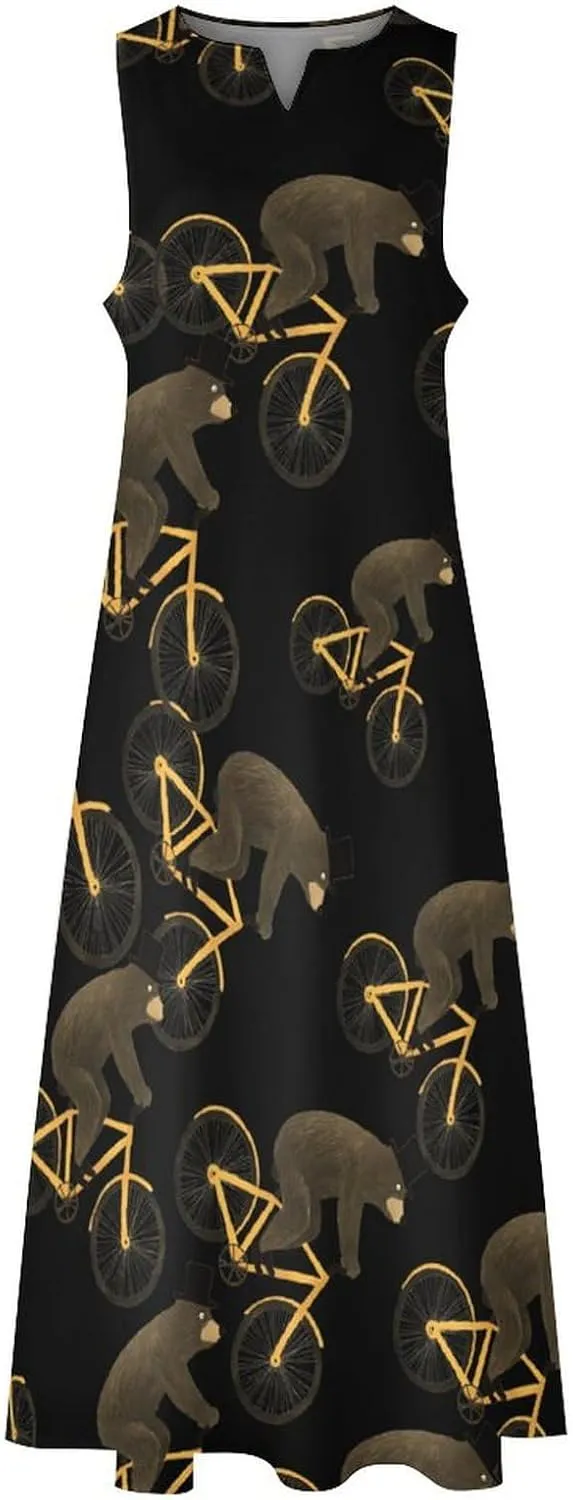 Brown Bear Rider Women's Summer Dresses Casual V Neck Sundress Sleeveless Maxi Dress with Pockets