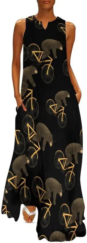 Brown Bear Rider Women's Summer Dresses Casual V Neck Sundress Sleeveless Maxi Dress with Pockets