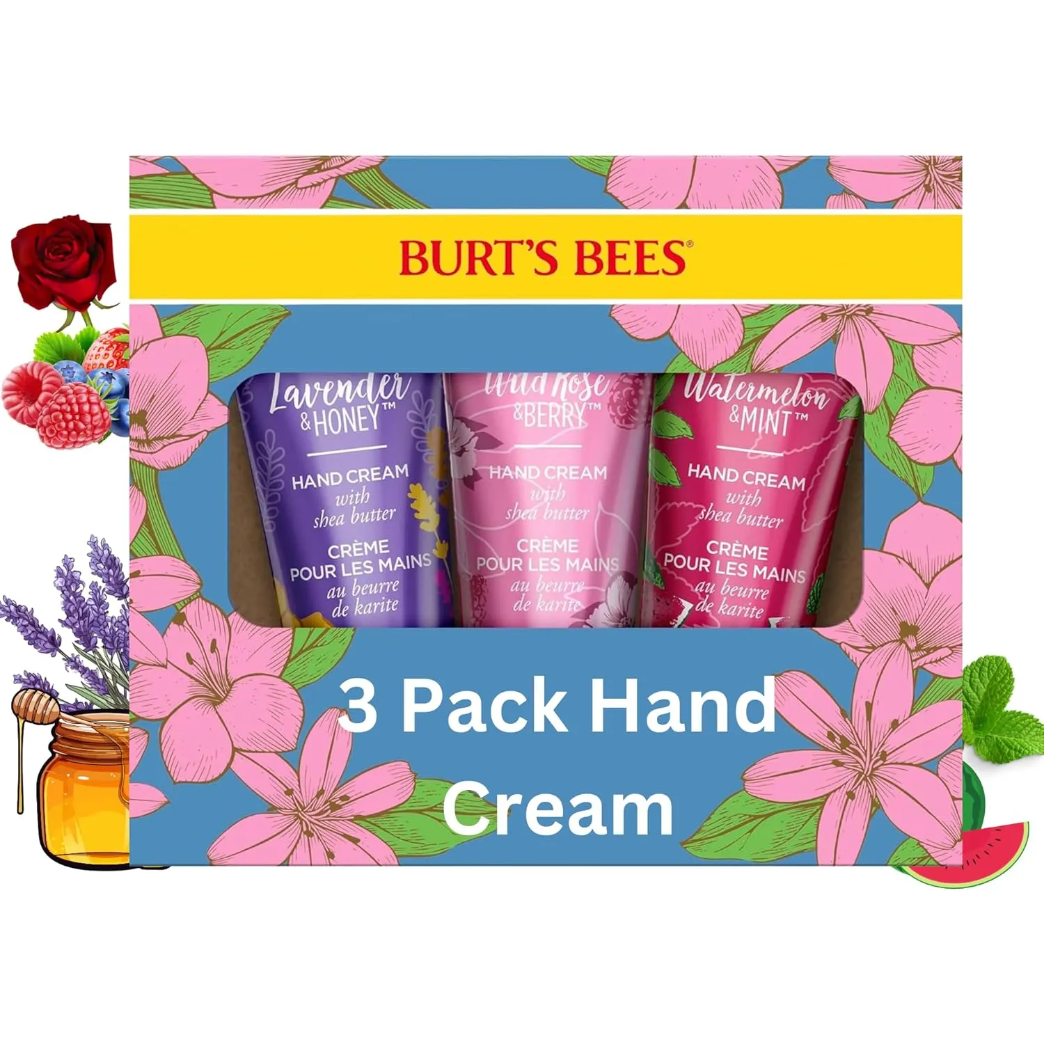 Burt's Bees Hand Cream, Shea Butter Hand Cream Trio Set, 3 Moisturizing Scents: Wild Rose & Berry, Lavender & Honey, Watermelon & Mint - 3 PACK 1oz each